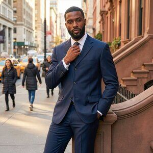 New 2026 Mens 2pc Solid Navy Suit Set, Modern Fit